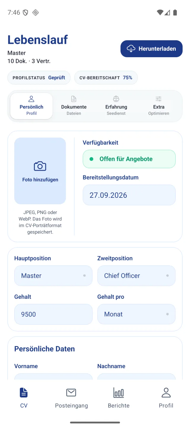 Bildschirm der Marine Helper App