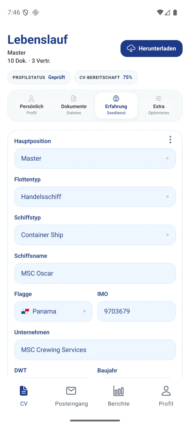 Bildschirm der Marine Helper App