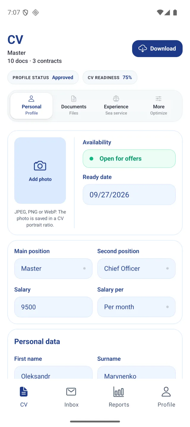 Marine Helper app screen