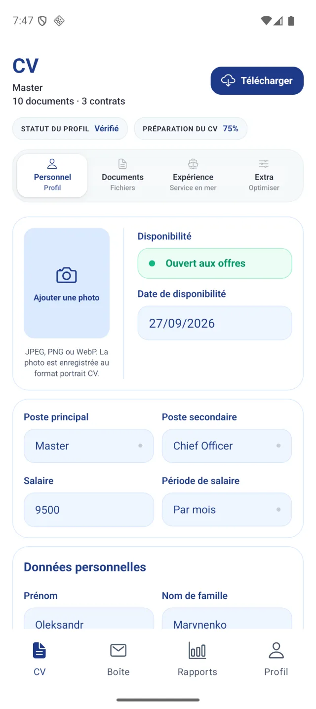 Écran de l'application Marine Helper