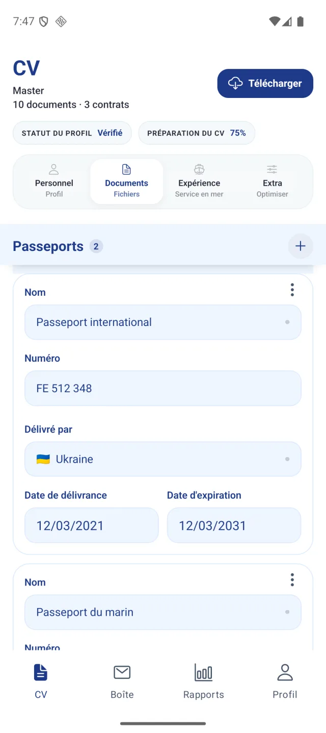 Écran de l'application Marine Helper