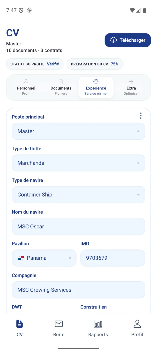 Écran de l'application Marine Helper
