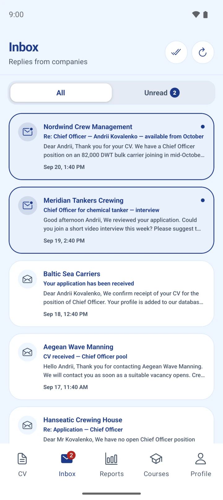Antworten der Unternehmen im Posteingang der App Marine Helper