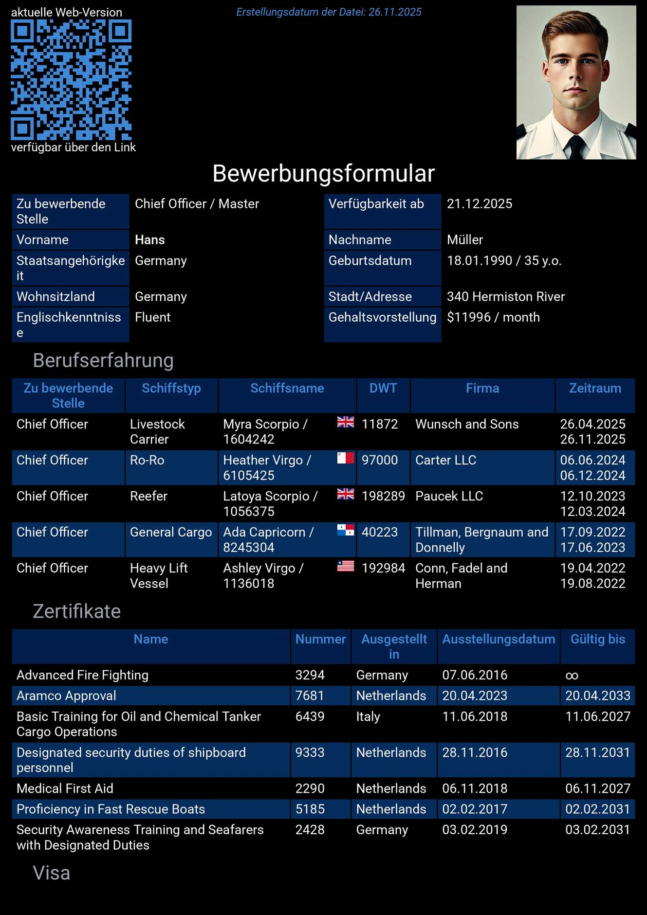 Lebenslauf des Seemanns auf Englisch