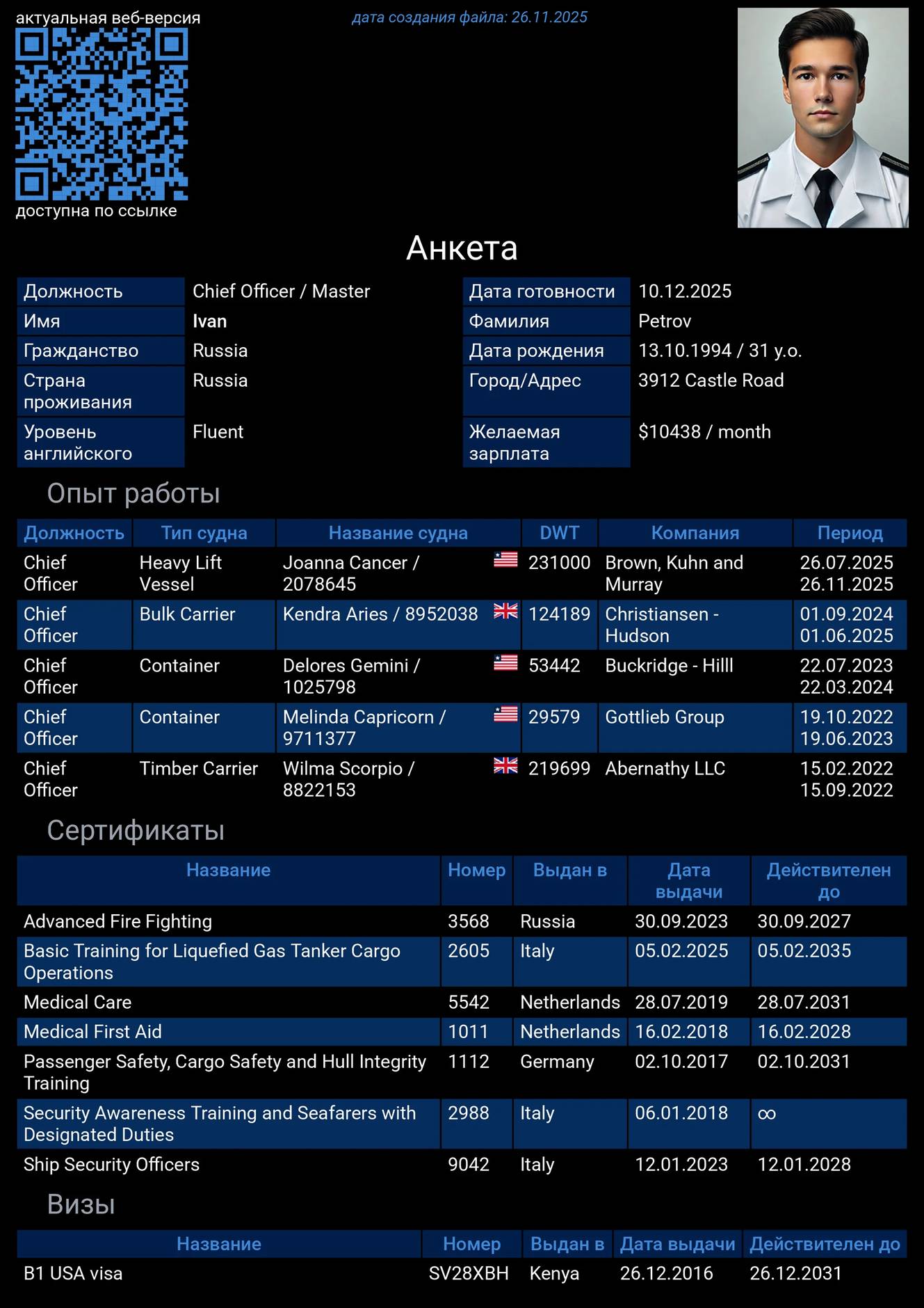 Резюме моряка на английском