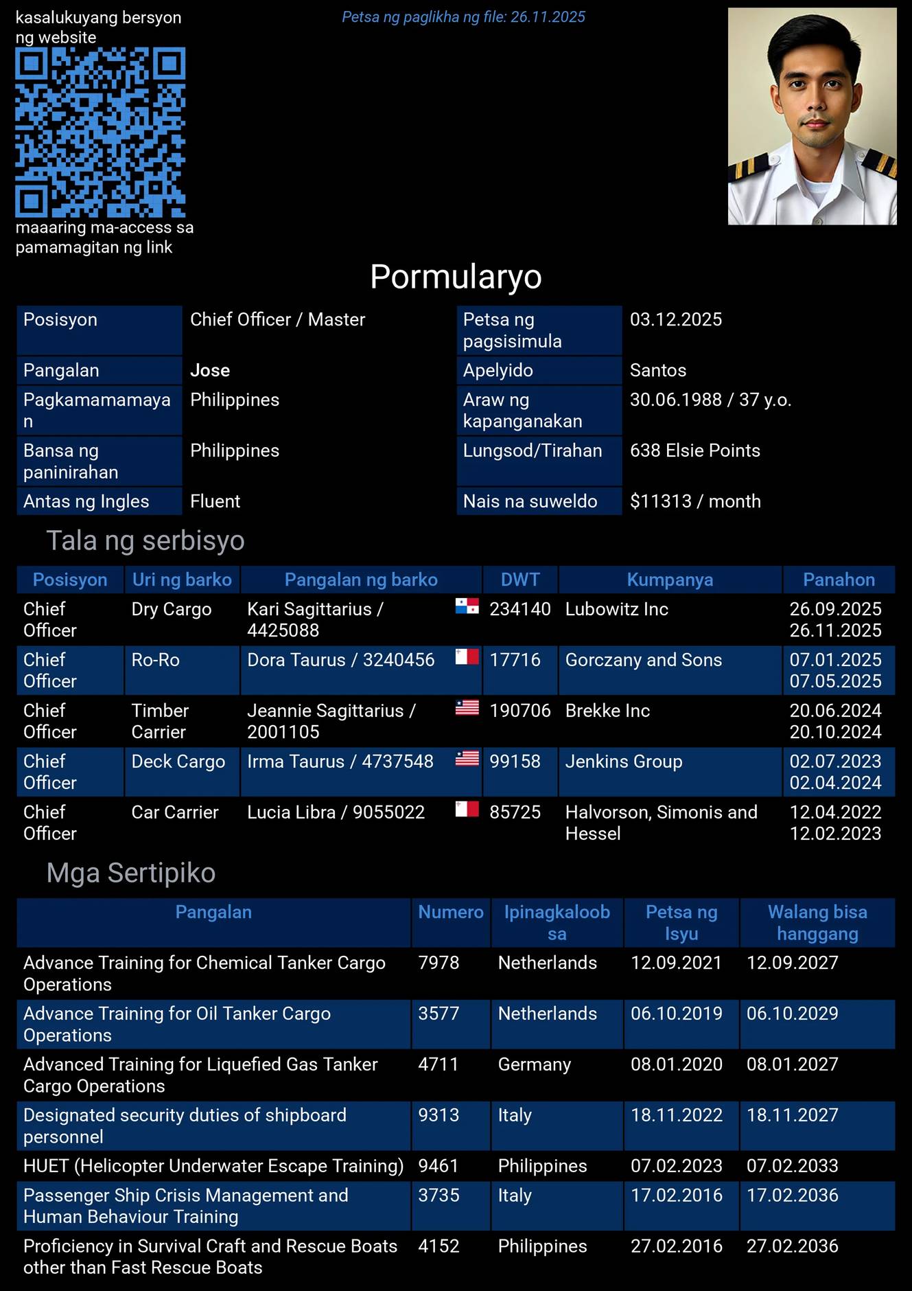 Resumé ng Marino sa Ingles