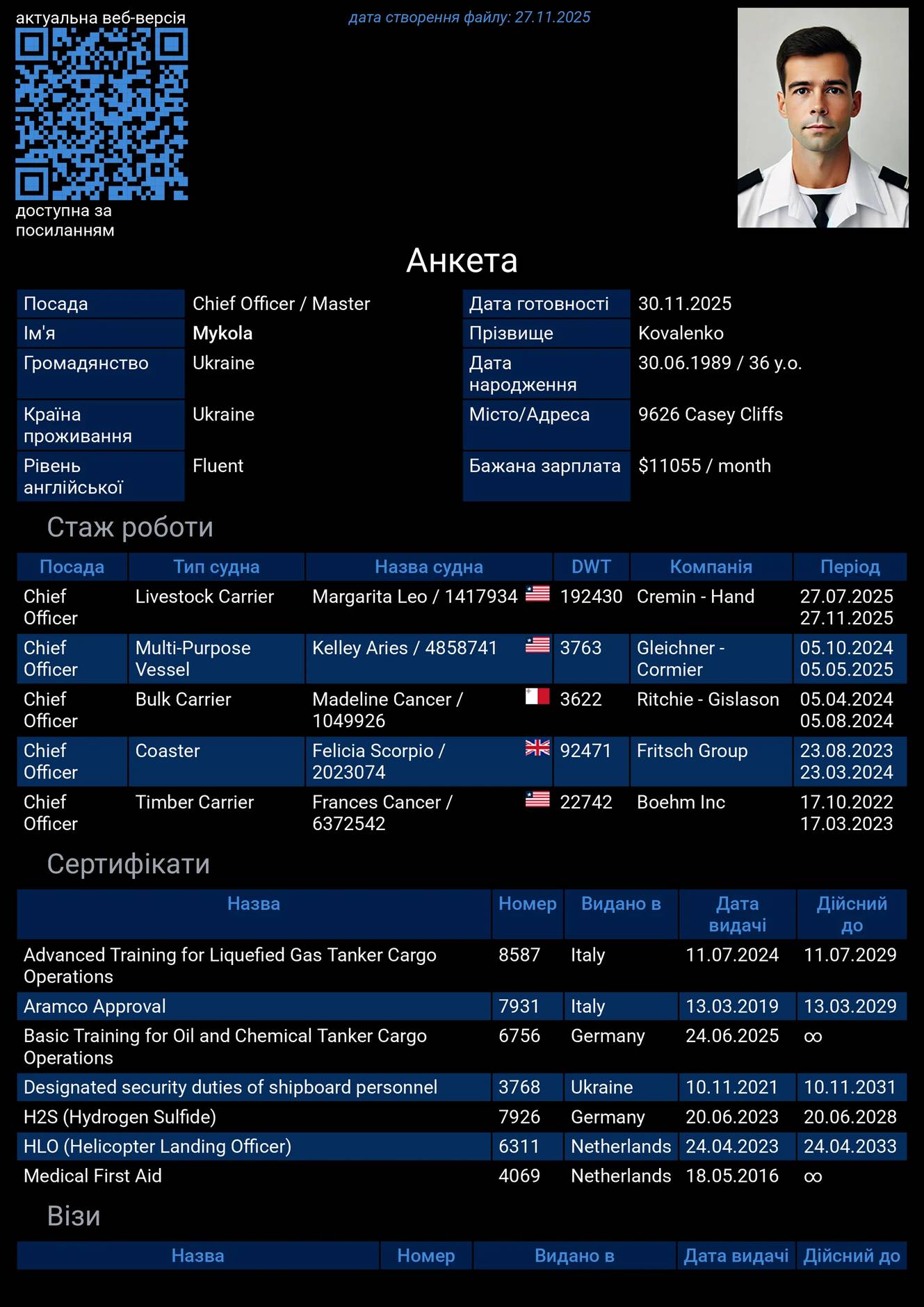 Приклад форми заявки моряка Резюме моряка англійською
