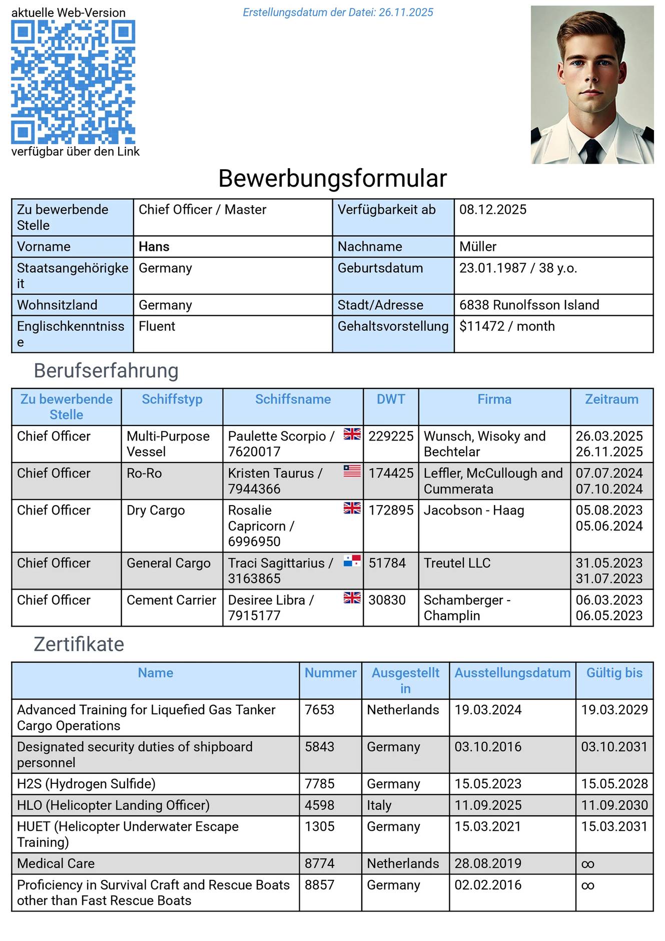 Lebenslauf des Seemanns auf Englisch