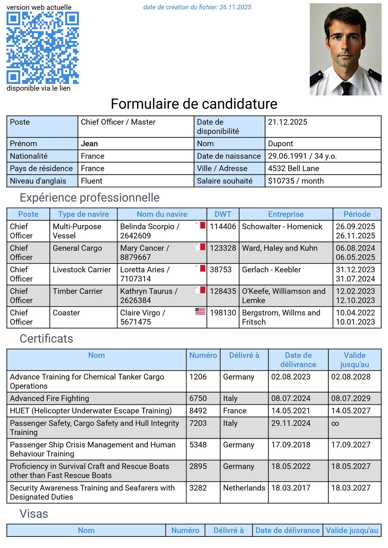 CV de marin en anglais