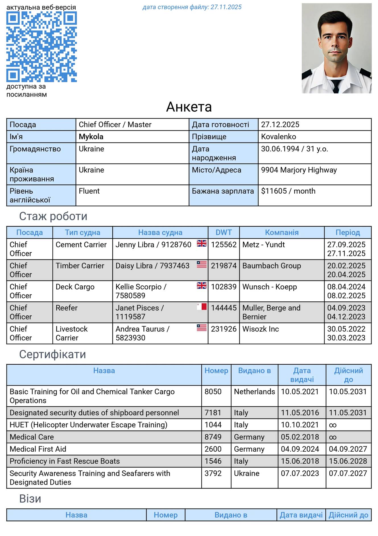 Приклад форми заявки моряка Резюме моряка англійською