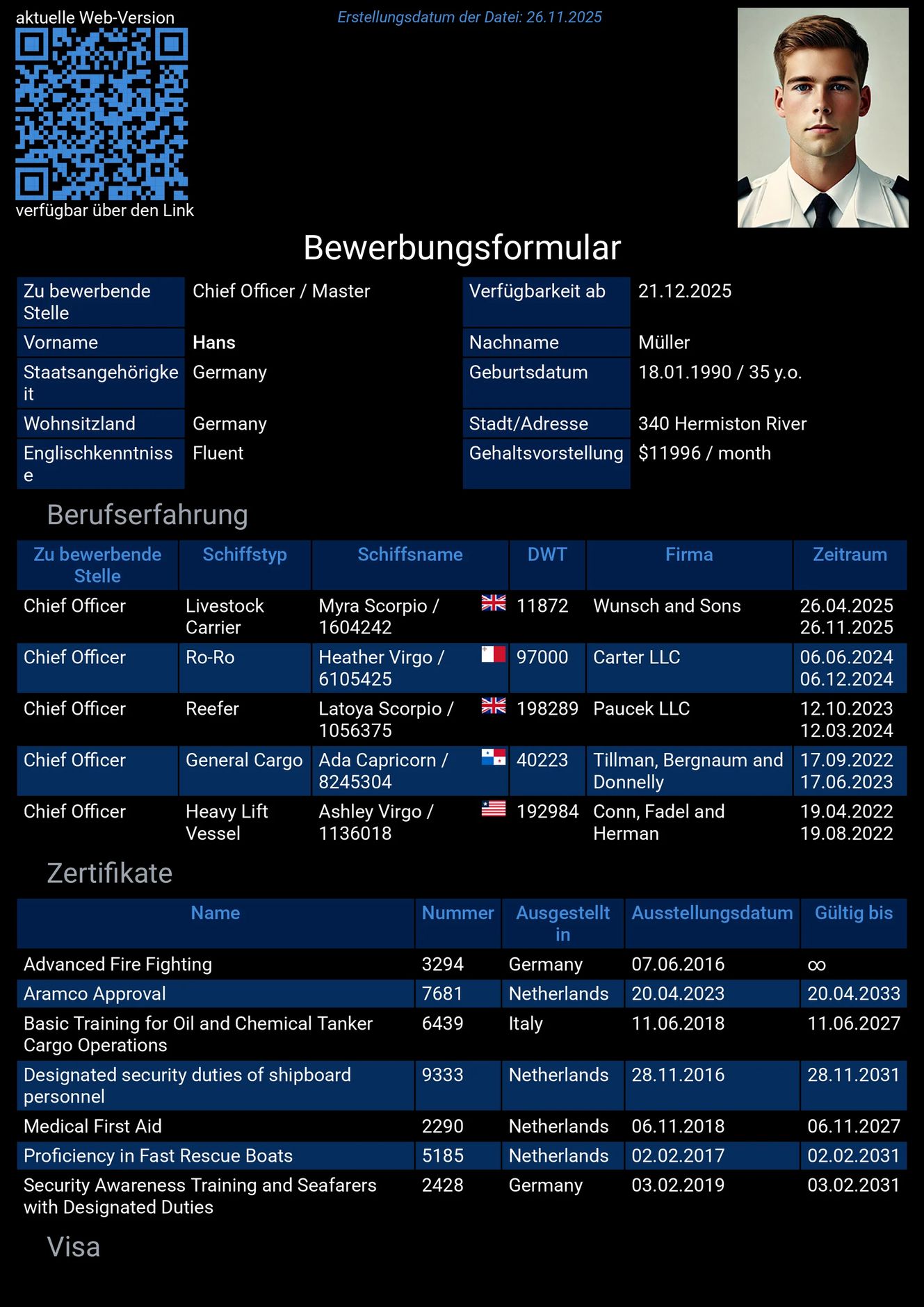 Lebenslauf des Seemanns auf Englisch