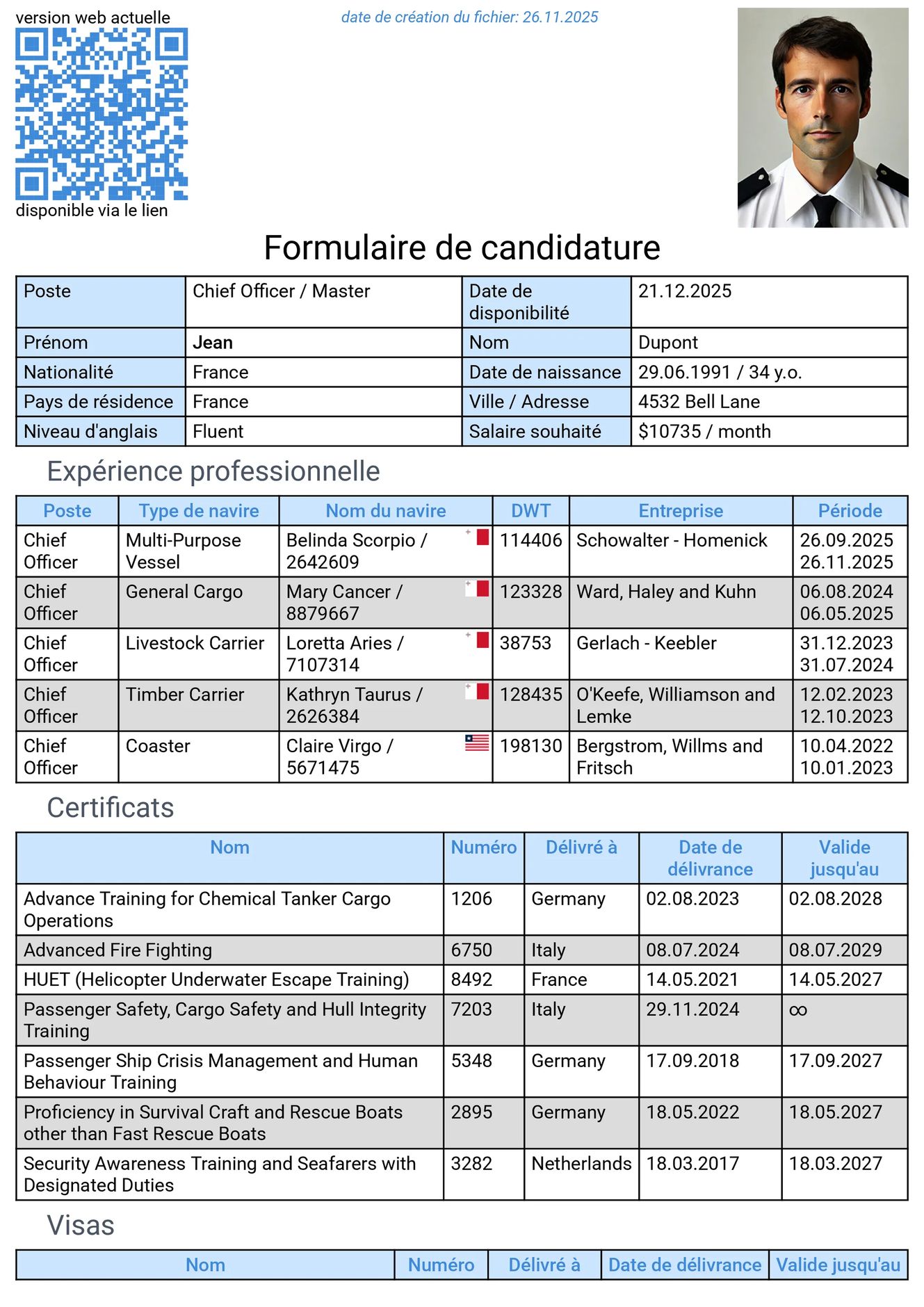 CV de marin en anglais