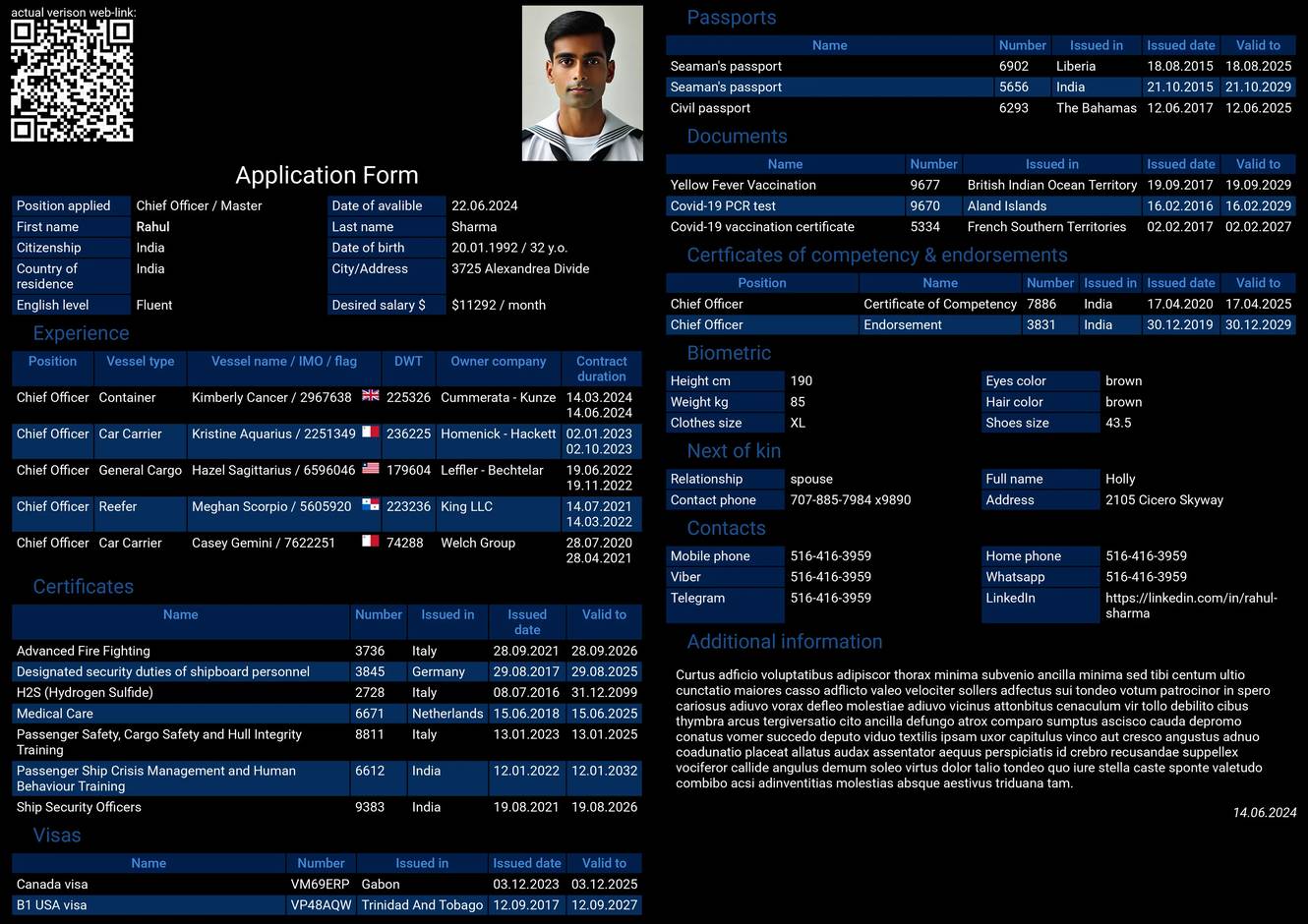 समुद्री नाविक CV का नमूना