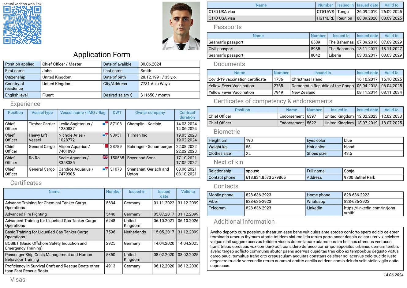 Sample seafarer’s CV form