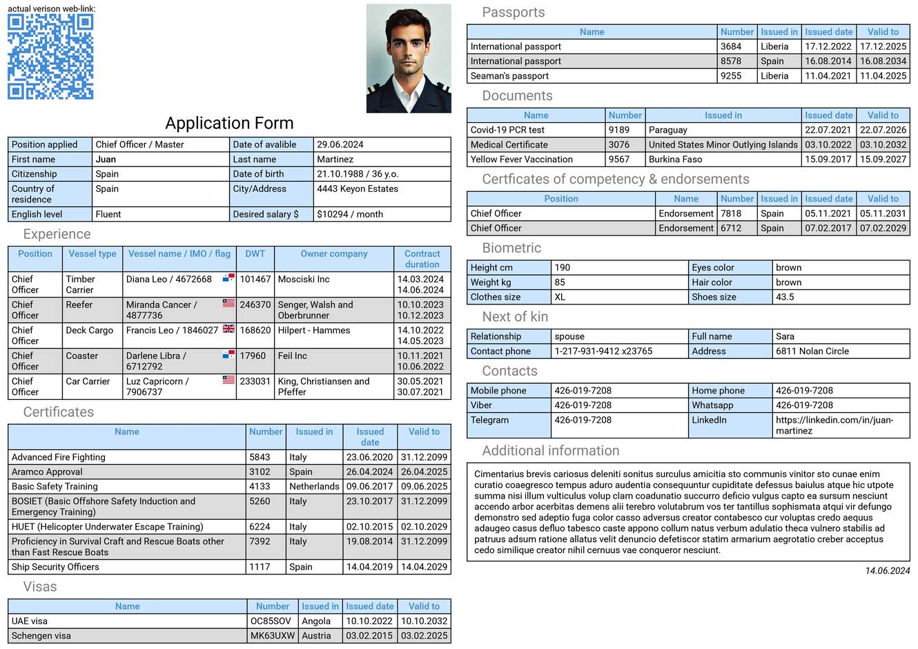 Ejemplo de formulario de marinero
