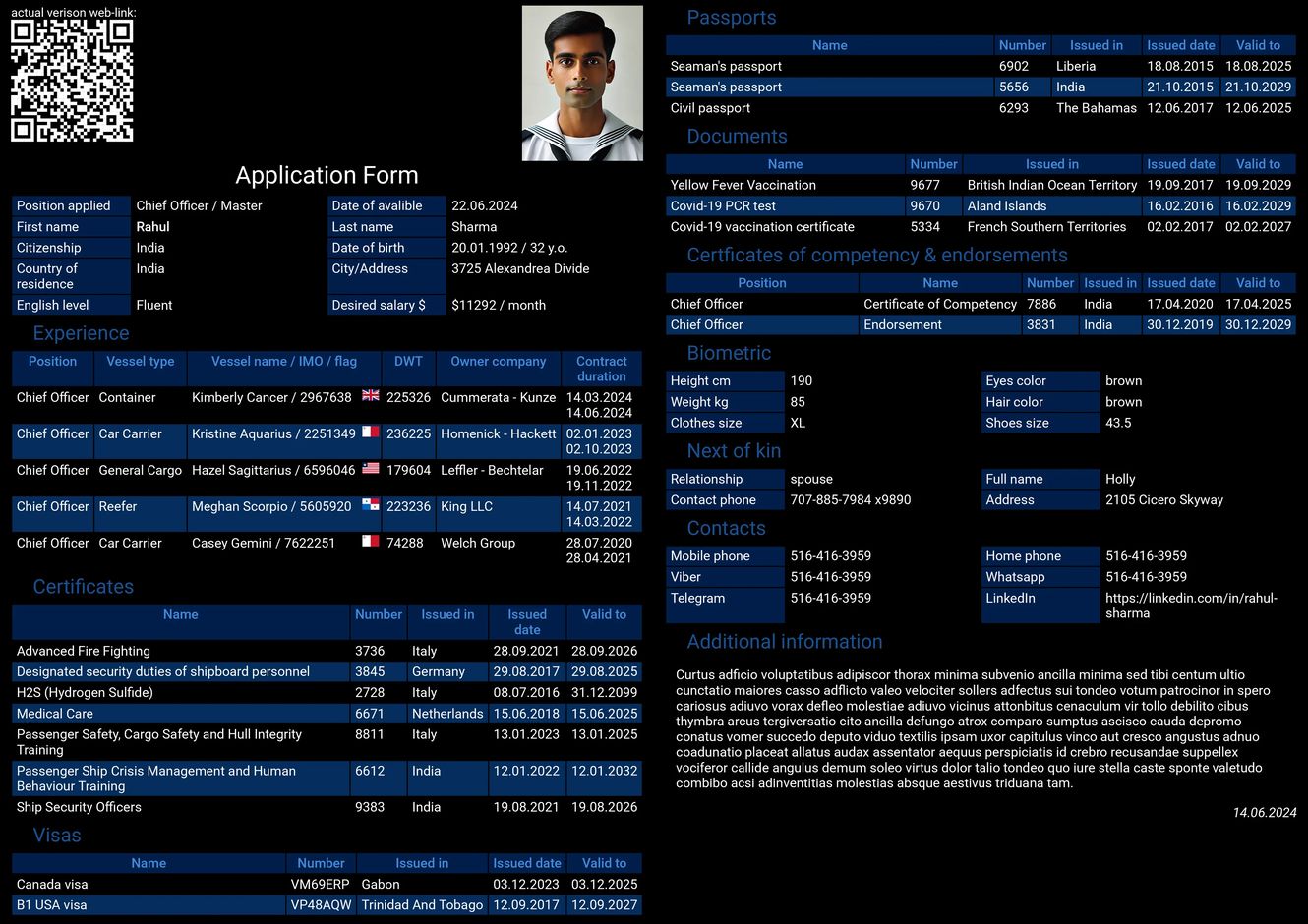 समुद्री नाविक CV का नमूना