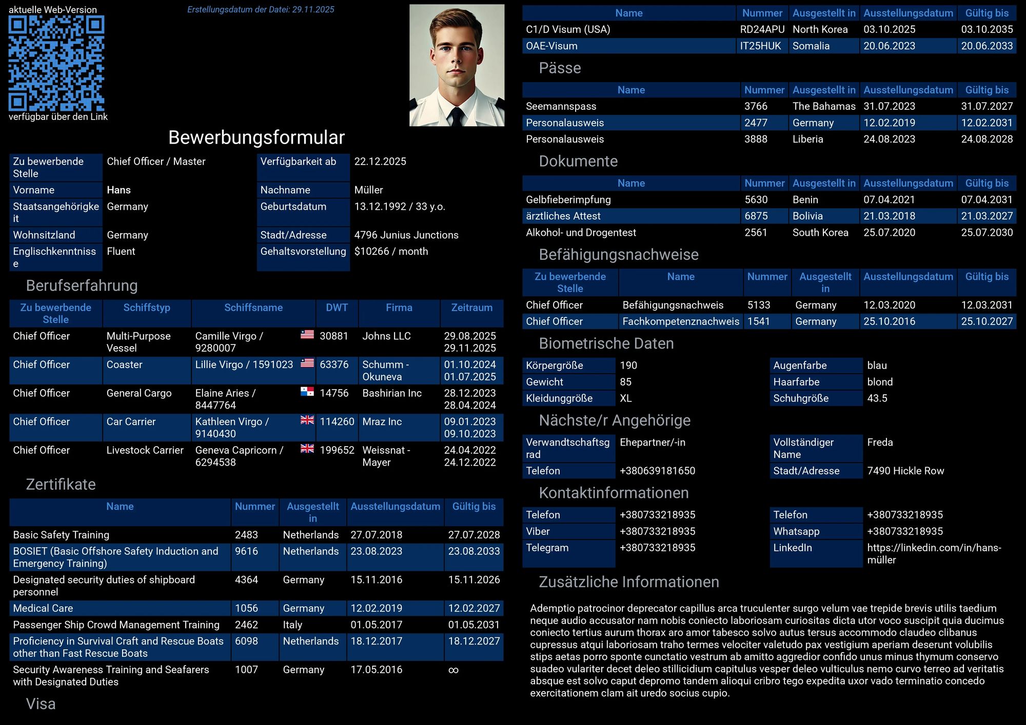 Struktur des Lebenslaufs eines Seemanns