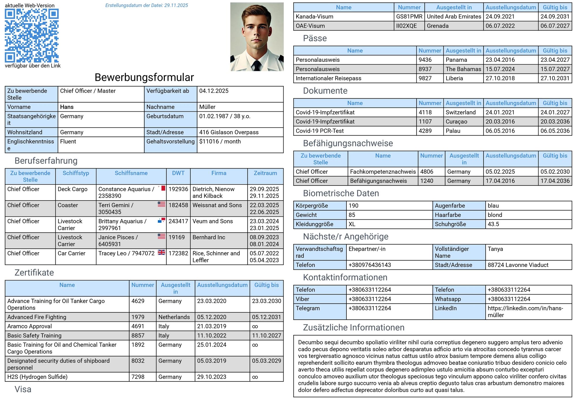 Struktur des Lebenslaufs eines Seemanns