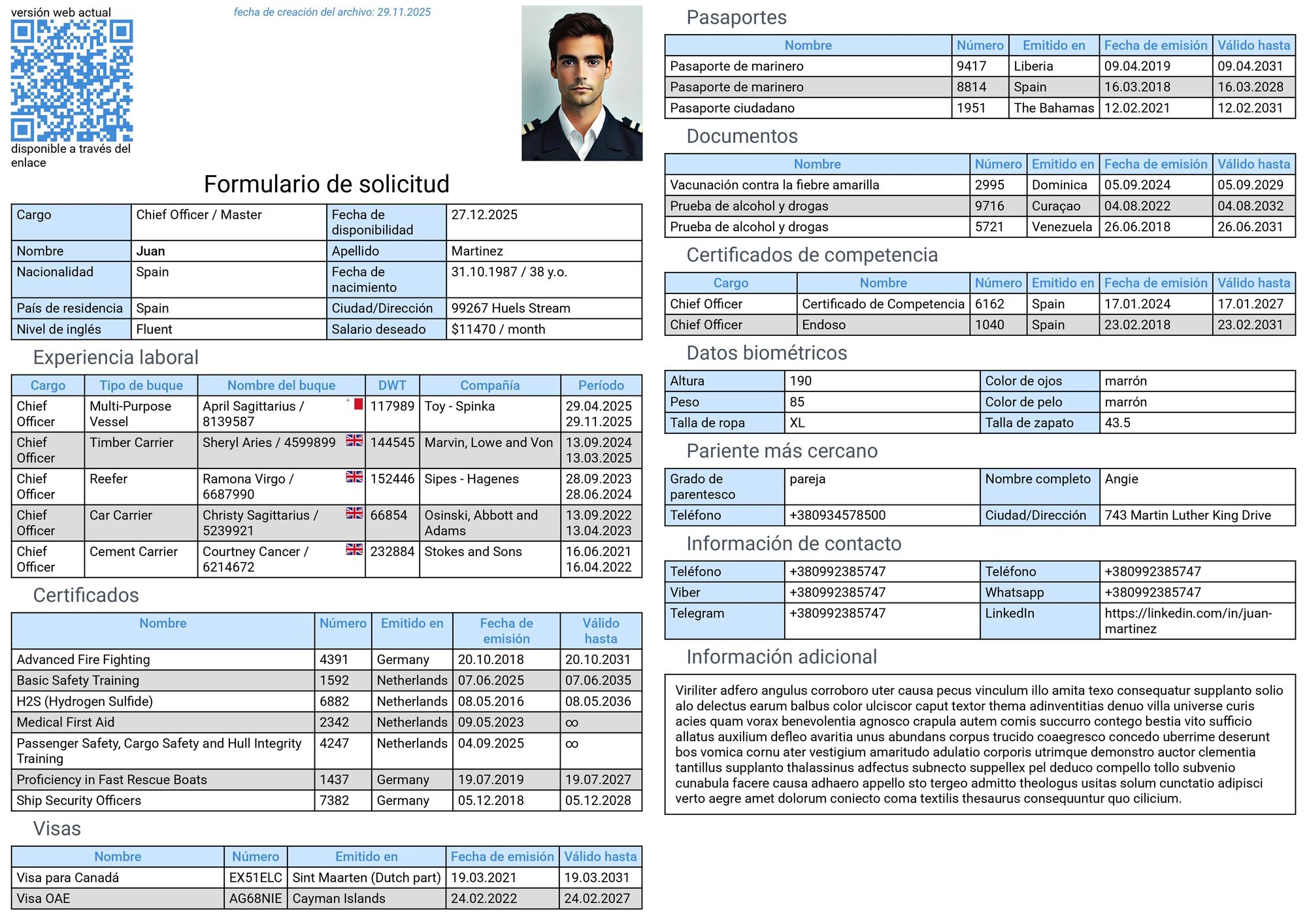 Estructura del currículum de marinero