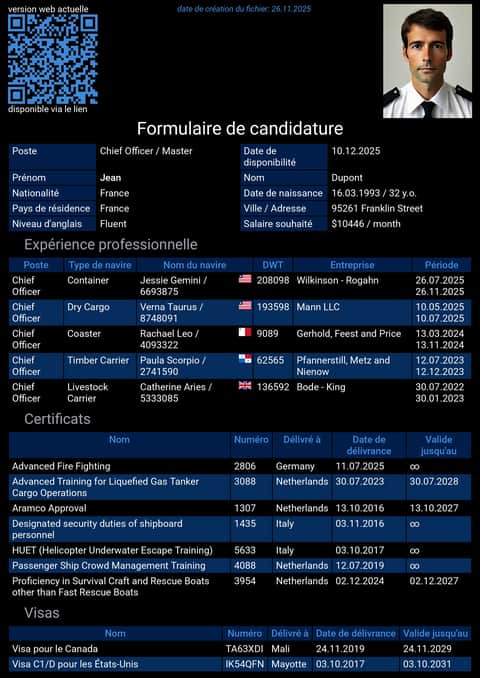 Exemple de formulaire du marin CV de marin en anglais