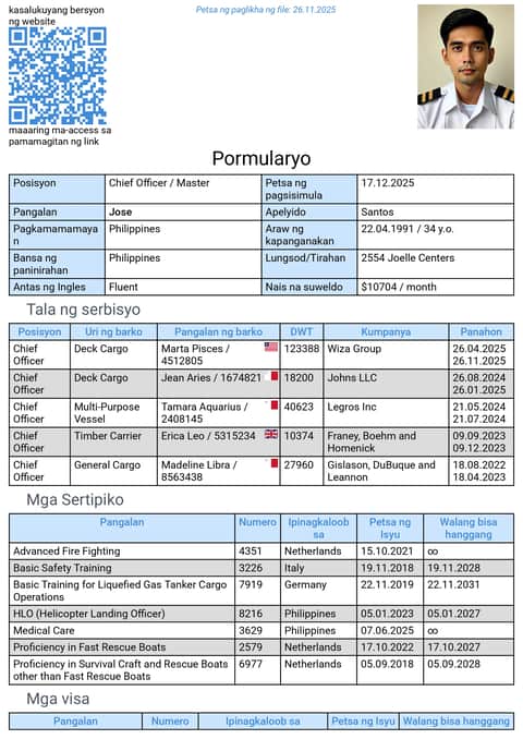 Resumé ng Marino sa Ingles